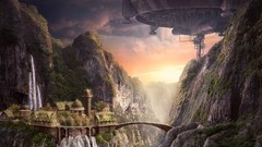 Landscapes sunset sun Boats waterfalls Bridges rocks Castles 