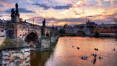 Landscapes sunset water clouds Czech Republic Prague statues 