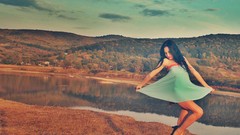 Landscapes Trees blue woman dress lakes outdoors brunettes 