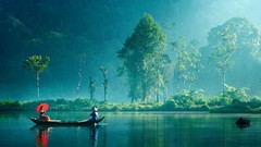 Landscapes Trees dawn Boats Umbrellas kayak rivers