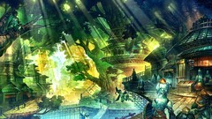 Landscapes Trees Green wings hats shield flying white hair 