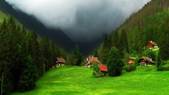 Landscapes Trees Mountains clouds switzerland Europe houses 