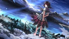 Landscapes Trees night water Mountains clouds dress horns red 