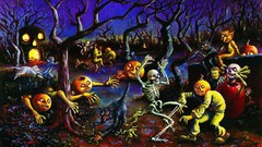 Landscapes Trees paintings Halloween pumpkins skeletons forests 