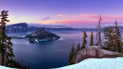 Landscapes Trees snow water panorama Oregon Emerald Bay crater 