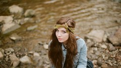 Landscapes water woman rocks bandana green eyes brunettes teen