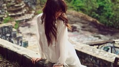 Landscapes woman ruins long hair brunettes carlos nunez