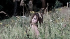 Landscapes woman tall grass shoulders blue eyes brunettes