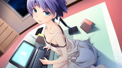 Laptops bedroom anime girls blue eyes short hair purple hair 