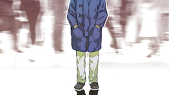 Laughing man blue hair