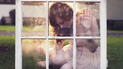 Lawn woman white dress redheads window panes