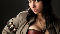 Leather brunettes woman cleavage