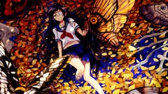 Leaves Animals Butterflies navel red eyes schoolgirls skirts 
