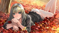 Leaves anime girls lying down panties silver hair original 