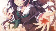 Leaves anime girls school uniforms seifuku black hair violet 