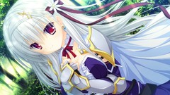 Leaves armor red eyes Ribbons long hair gray hair mikagami 