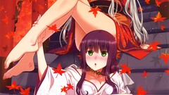 Leaves autumn Anime kimono long hair anime girls autumn leaves 