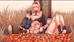 Leaves autumn Books cream dress blondes