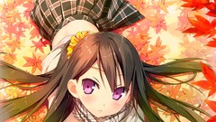 Leaves autumn scarfs brunettes school uniforms purple eyes 
