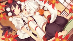 Leaves autumn wings hats white hair red eyes Ribbons sitting 
