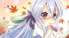Leaves Books food glasses white hair bows blush long hair anime 