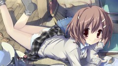 Leaves Books socks red eyes schoolgirls skirts anime girls 