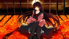 Leaves cage skirts long hair anime girls school uniforms purple 