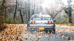 Leaves cars roads forests Nissan Skyline R33 GT-R