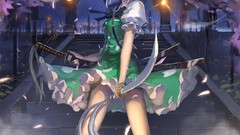 Leaves fog Trees grass night Stars weapons Shoes Katana dress 