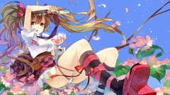 Leaves Plants tie socks Ribbons skirts long hair anime girls 