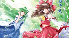 Leaves red eyes bows long hair anime girls green eyes brunettes 