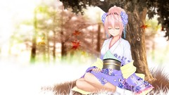 Leaves sleeping kimono pink hair anime girls under the tree 