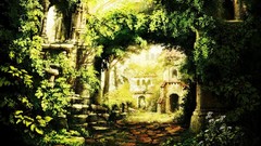 Leaves stones nature buildings arches sunlight cobblestones ivy 
