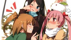 Leaves tears Profile grin red eyes rice coat bows scarfs blush 