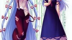 Leaves text bamboo dress hats white hair red eyes vertical bows 