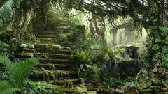 Leaves Trees rocks forests liana sculptures digital art 