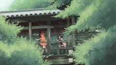 Leaves Trees skirts short hair walkway black hair orange hair