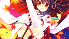 Leaves Umbrellas kimono long hair anime girls animal ears 