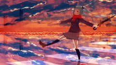 Leaves water clouds autumn Umbrellas reflections schoolgirls 