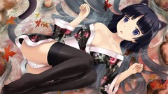 Leaves water kimono blush bare shoulders black hair open mouth 