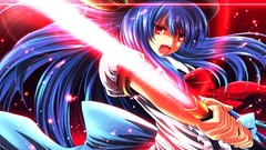 Leaves weapons dress hats Swords bows blue hair long hair anime 