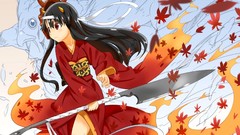 Leaves weapons dress red eyes anime girls yukata Japanese 