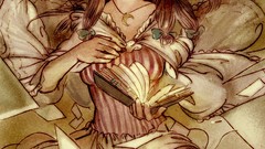 Leaves wind moon Books Berries dress hats bows long hair anime 