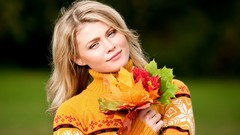 Leaves woman blondes smiling lip gloss sweaters