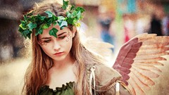 Leaves woman wings Ribbons grunge long hair green eyes face 