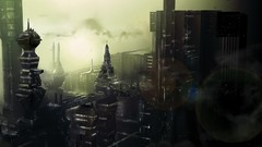 Lens flare cityscapes digital art futuristic