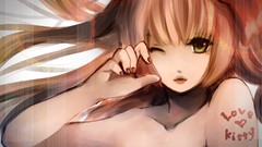 Lips tattoos pink hair long hair brown eyes vocaloid wink nail 