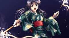 Long hair anime girls blue eyes brunettes yukata sparklers 