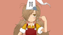 Long hair anime girls brown eyes brunettes orange background 