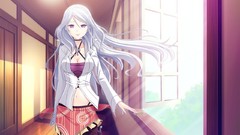 Long hair anime girls gray hair game cg purple eyes cleavage 